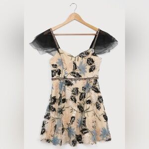 Floral Embroidered Dress with Black and Blue Accents